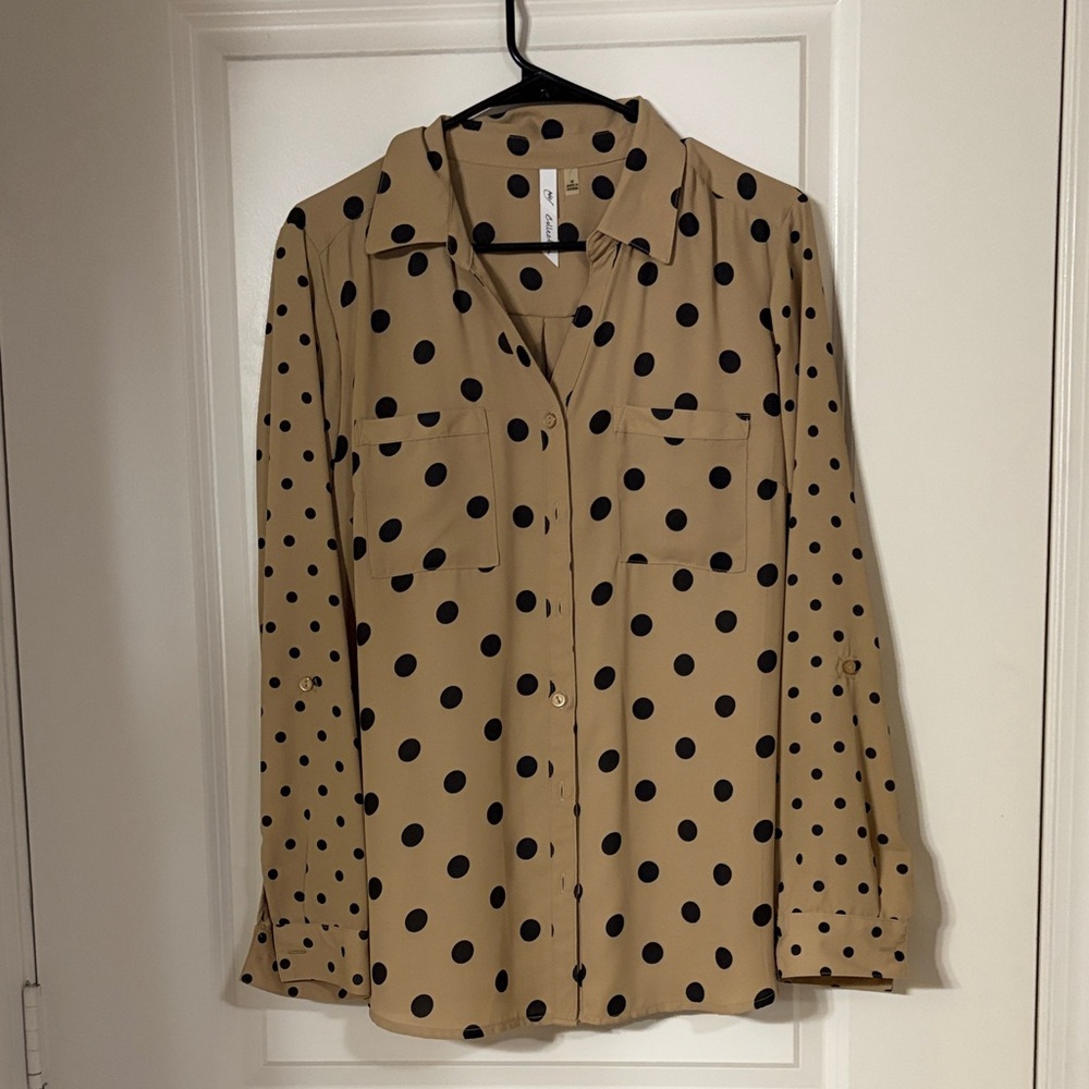 NY Collection Tan and Black Polka Dot Button-Down Shirt